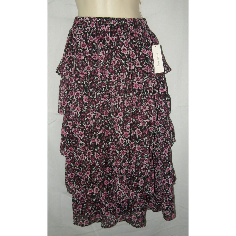FRANCESCA'S Floral Sz XS Casual or Dress Tiered Lined Flowy Midi Boho Skirt NEW